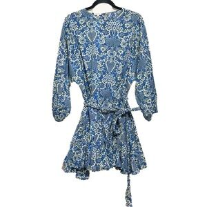 RHODE Floral Print Dress Blue Cream Feminine Ruffle Cotton Beach Vacation Sz Med